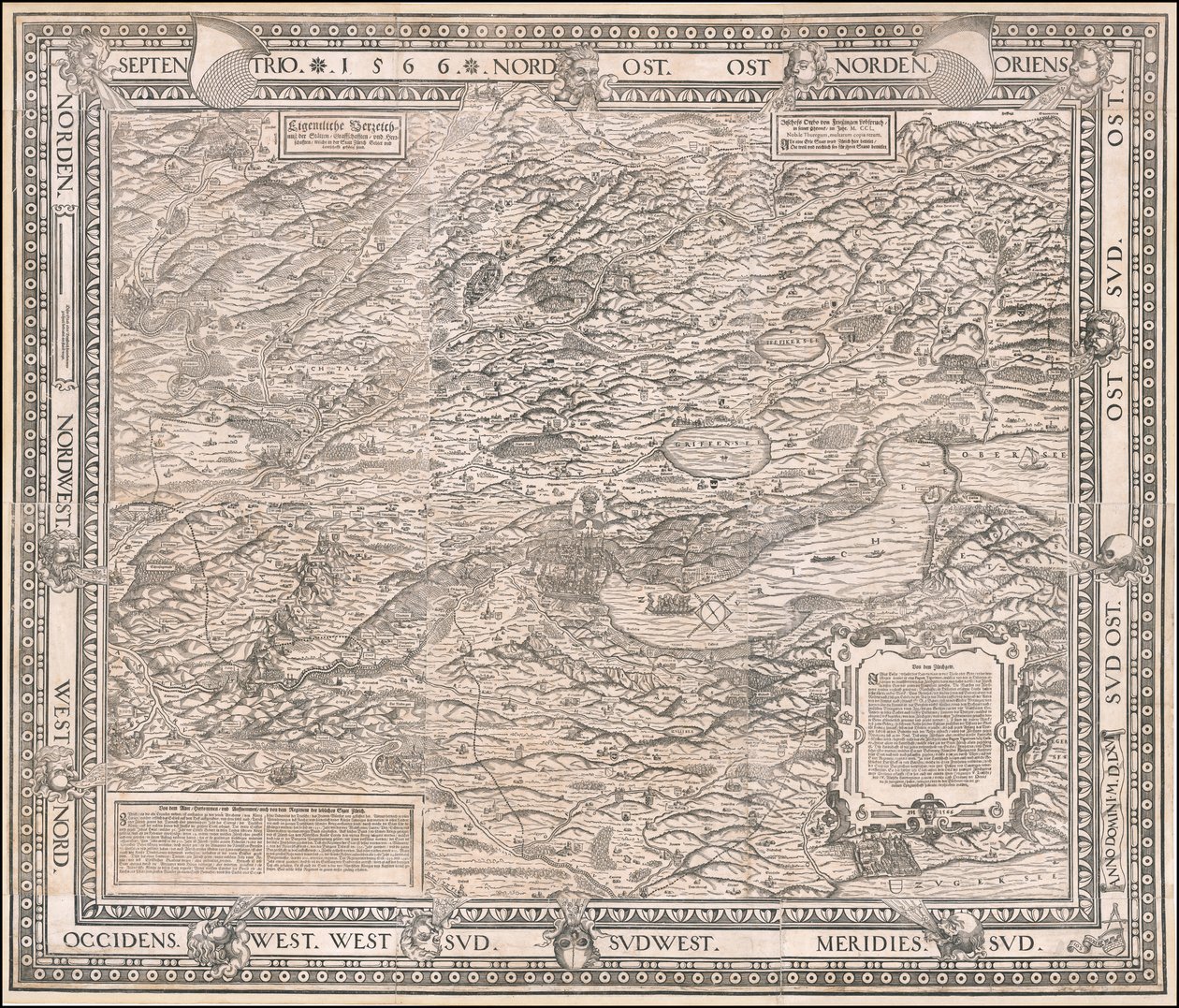 Mapa de Zúrich y alrededores de 1566 por Jodocus Murer de Jos Murer