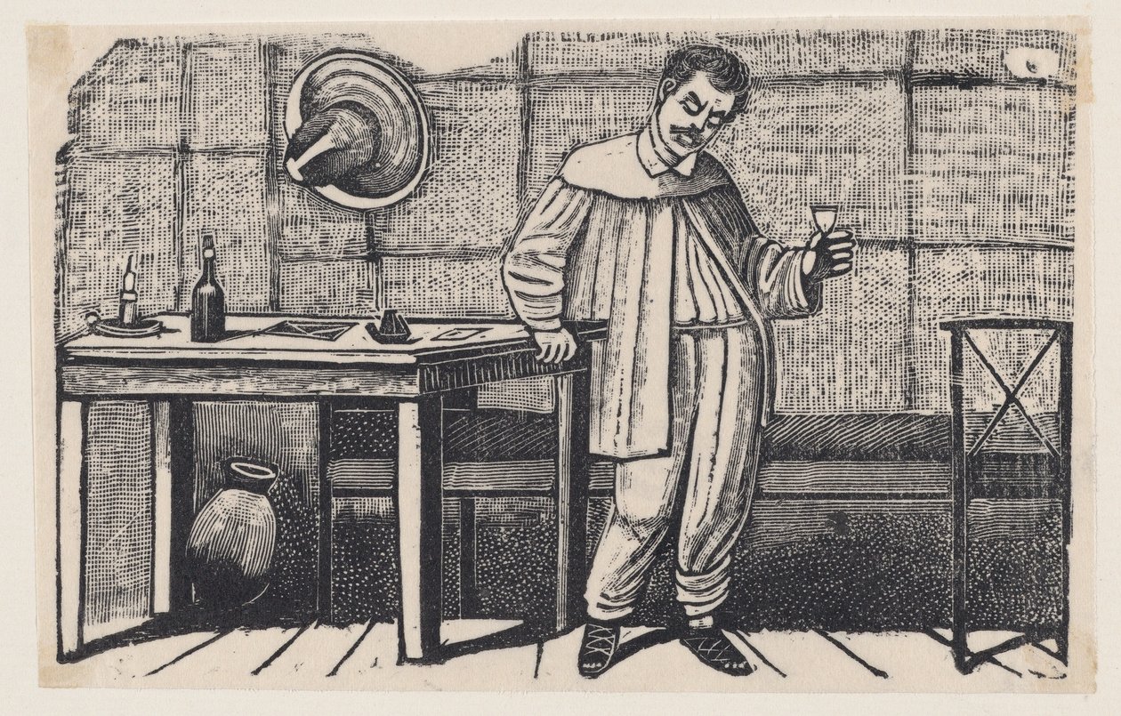 Un hombre con un vaso en la mano, mirando hacia abajo y apoyado en una mesa, una ilustración de «El huérfano» de José Guadalupe Posada
