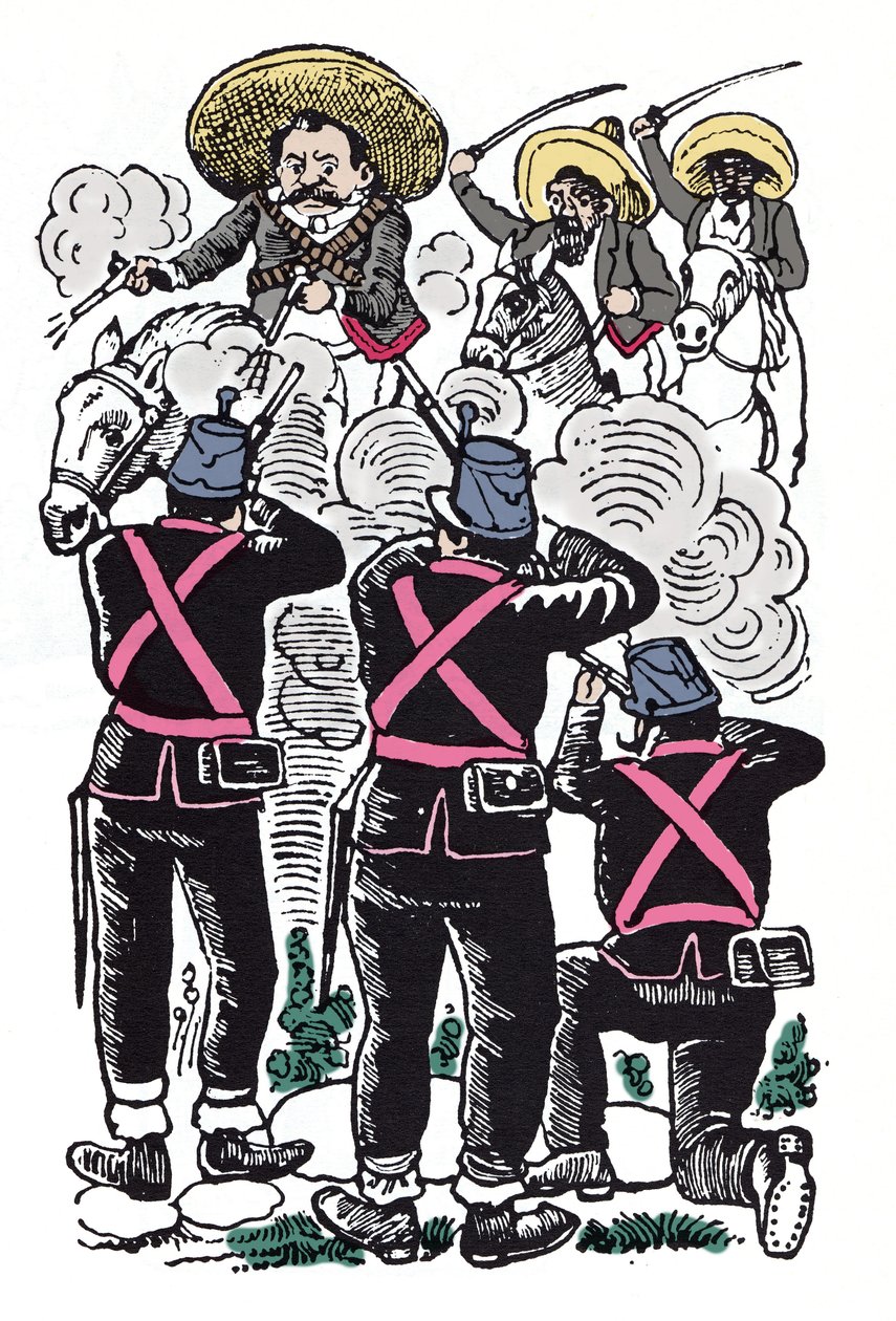 La Revolución Mexicana (1910-1920): la lucha de los federales contra las tropas revolucionarias de Emiliano Zapata (Emiliano Zapata Salazar conocido como El Caudillo del Sur) de José Guadalupe Posada