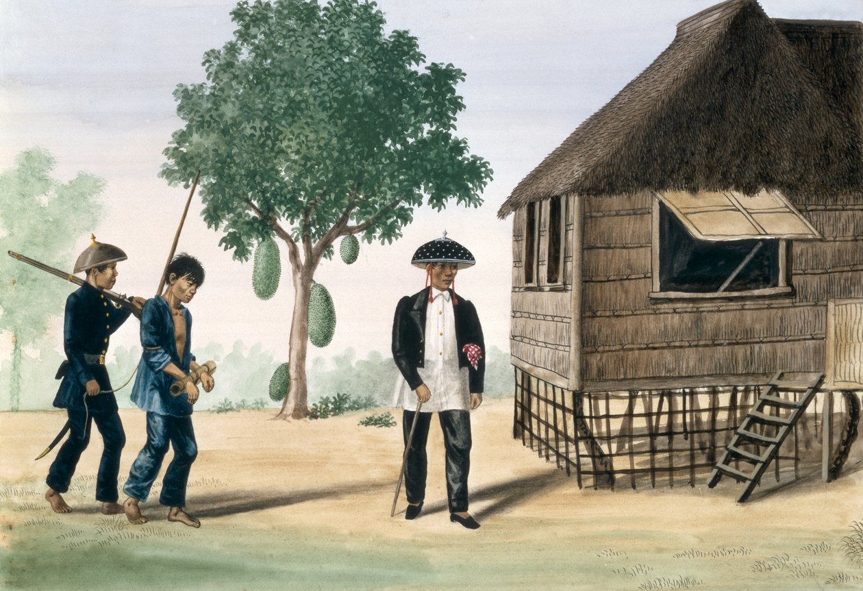 Un prisionero llevado por un policía y un concejal, del "Álbum Flebus de Vistas en y alrededor de Manila", c.1845 de Jose Honorato Lozano