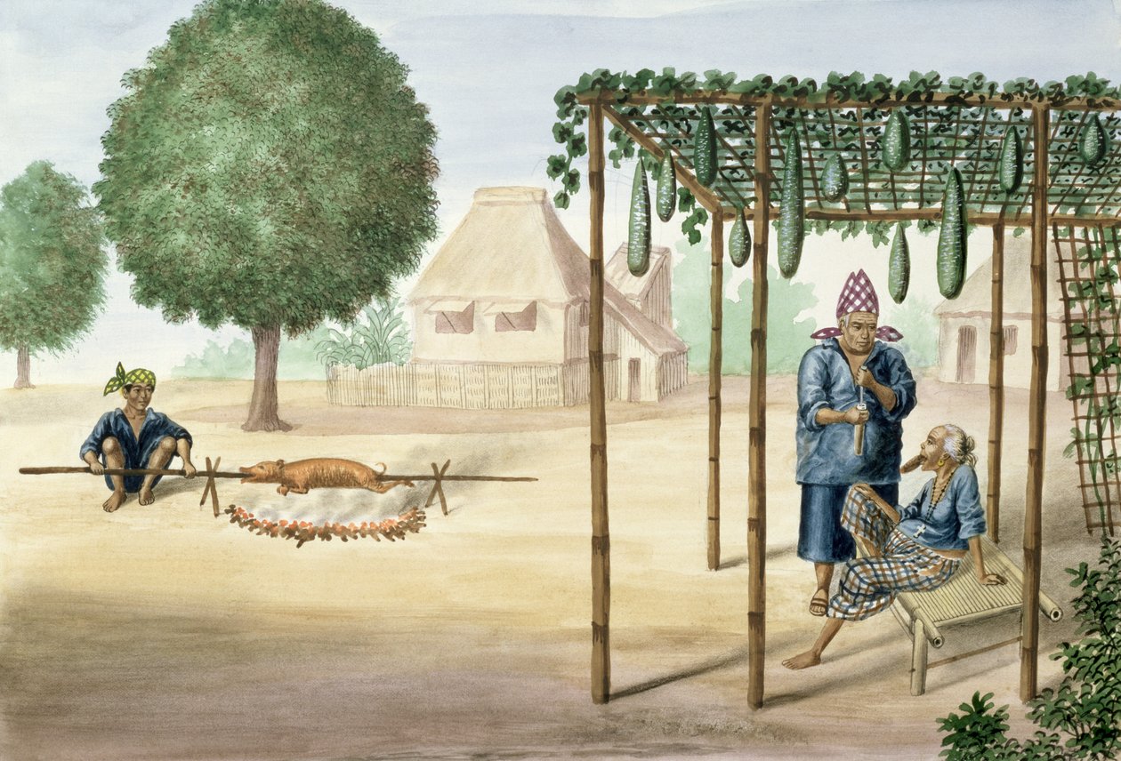 Escena de pueblo cerca de Manila, del "Álbum Flebus de vistas en y alrededor de Manila", c.1845 de Jose Honorato Lozano