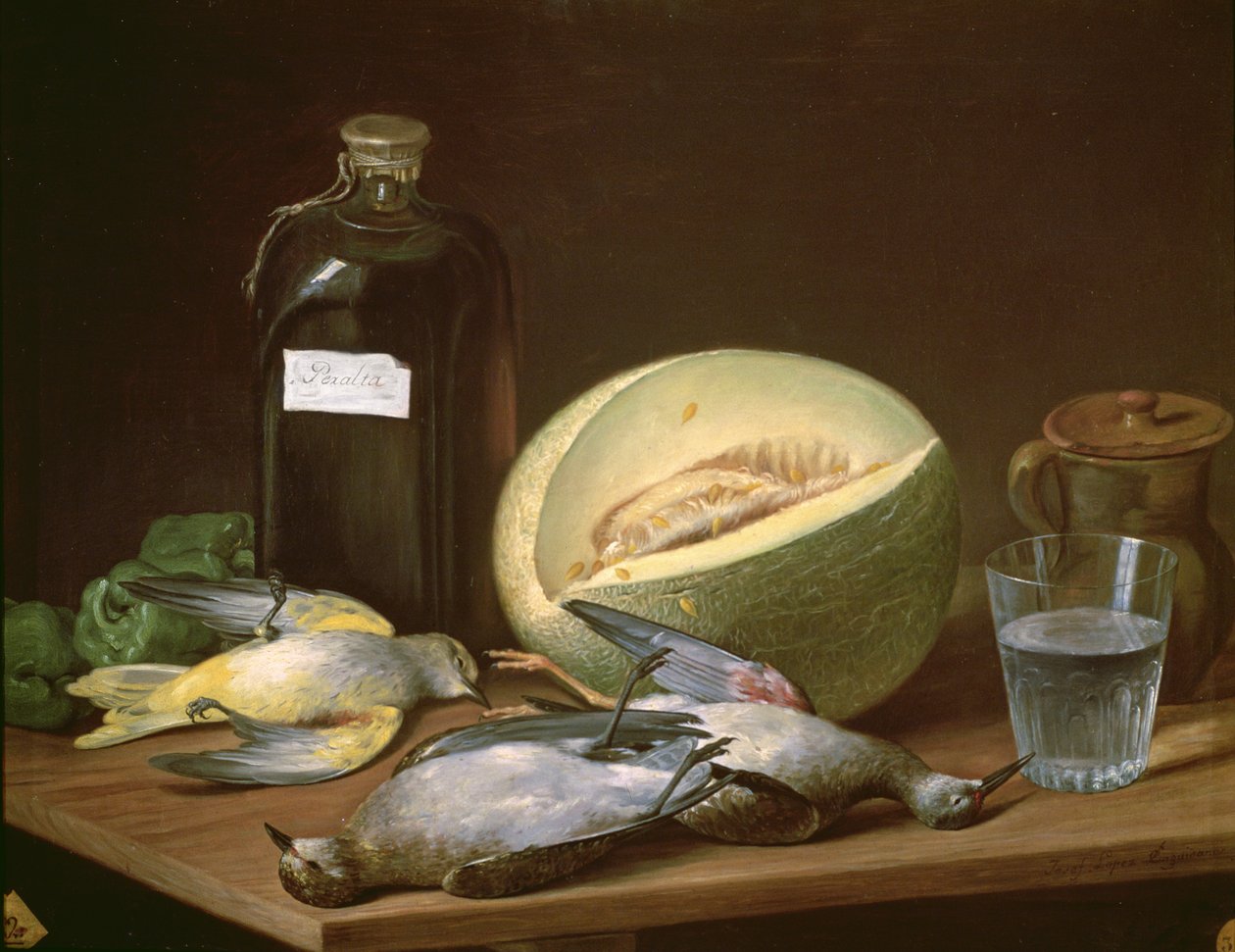 131-0059638 Naturaleza muerta con melón y pájaros de Jose Lopez Enguidanos