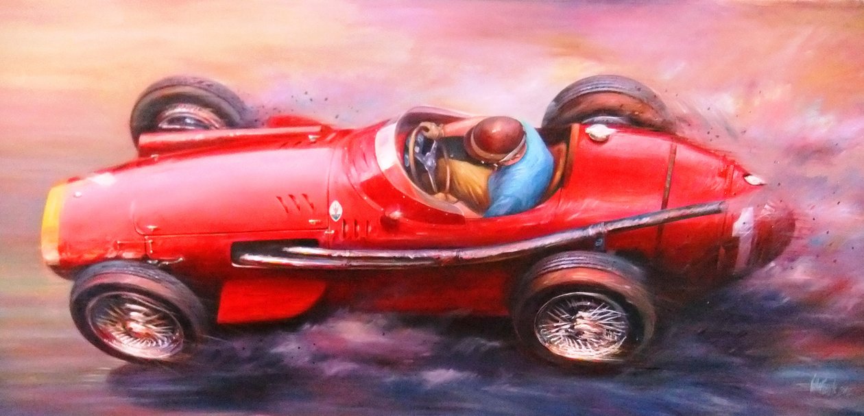 Juan Manuel Fangio, Mille Miglia 1953, Alfa Romeo 6C3.000cc (techo rojo) (acrílico sobre lienzo) de Jose Maria Villafuerte