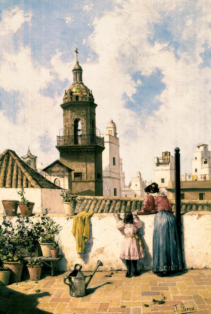 Azotea en Cádiz. Una madre y su hija probablemente regando las plantas con la regadera en medio de la terraza. Pintura de José Pérez Siguimboscum (siglo XIX), finales del siglo XIX. Óleo sobre lienzo. Cádiz, Museo Provincial de Cádiz. de Jose Perez Siguimboscum