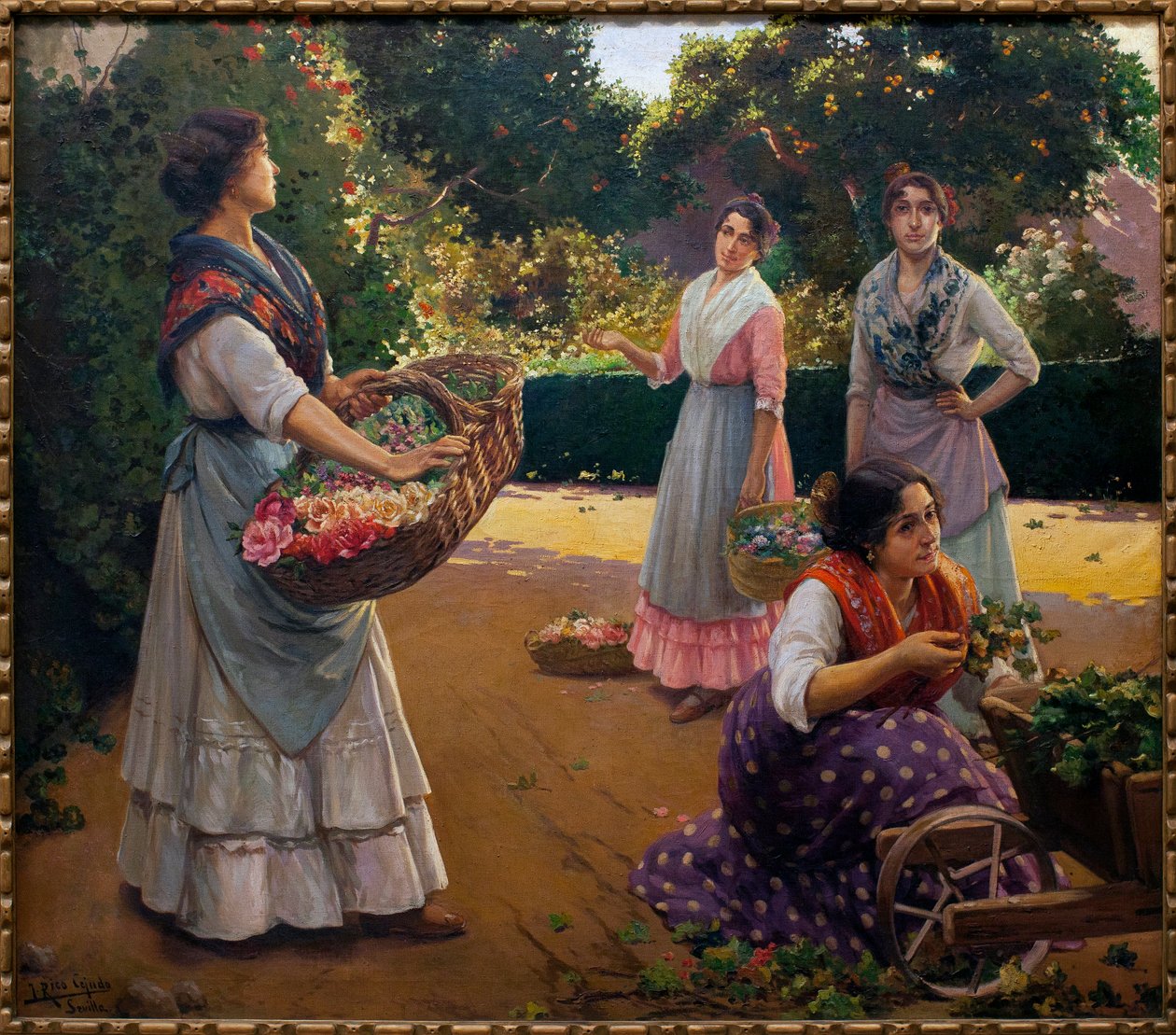 Floristas en el Parque de María Luisa - Pintura de José Rico Cejudo (1864-1939), Óleo sobre lienzo de Jose Rico y Cejudo