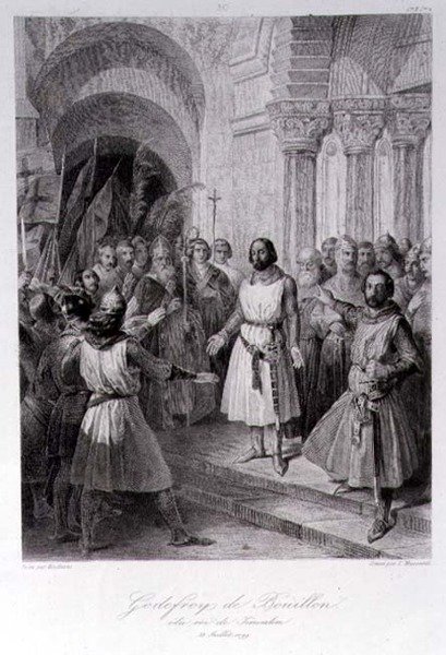 Godofredo de Bouillon elegido Rey de Jerusalén, grabado por Leopold Massard de Jose de (after) Madrazo y Garreta