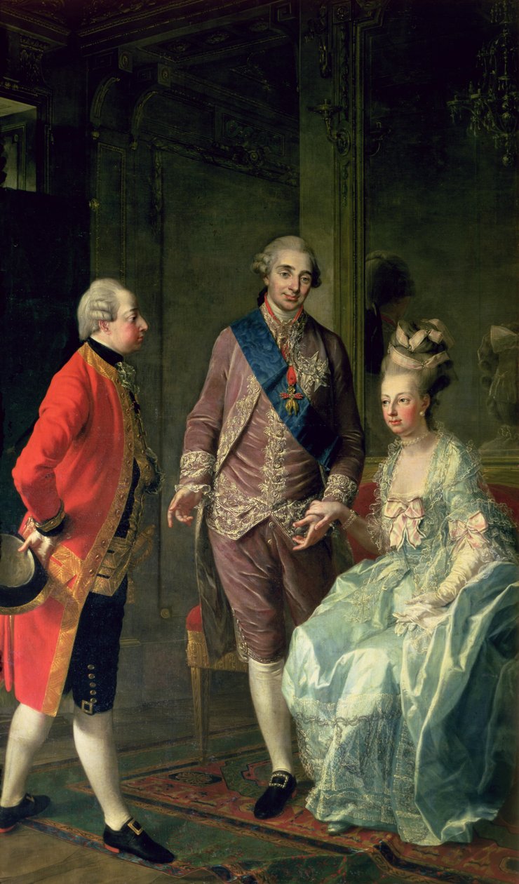 El archiduque Maximiliano Francisco visitando a María Antonieta (1755-93) y Luis XVI (1754-93) c.1775 de Josef Hauzinger