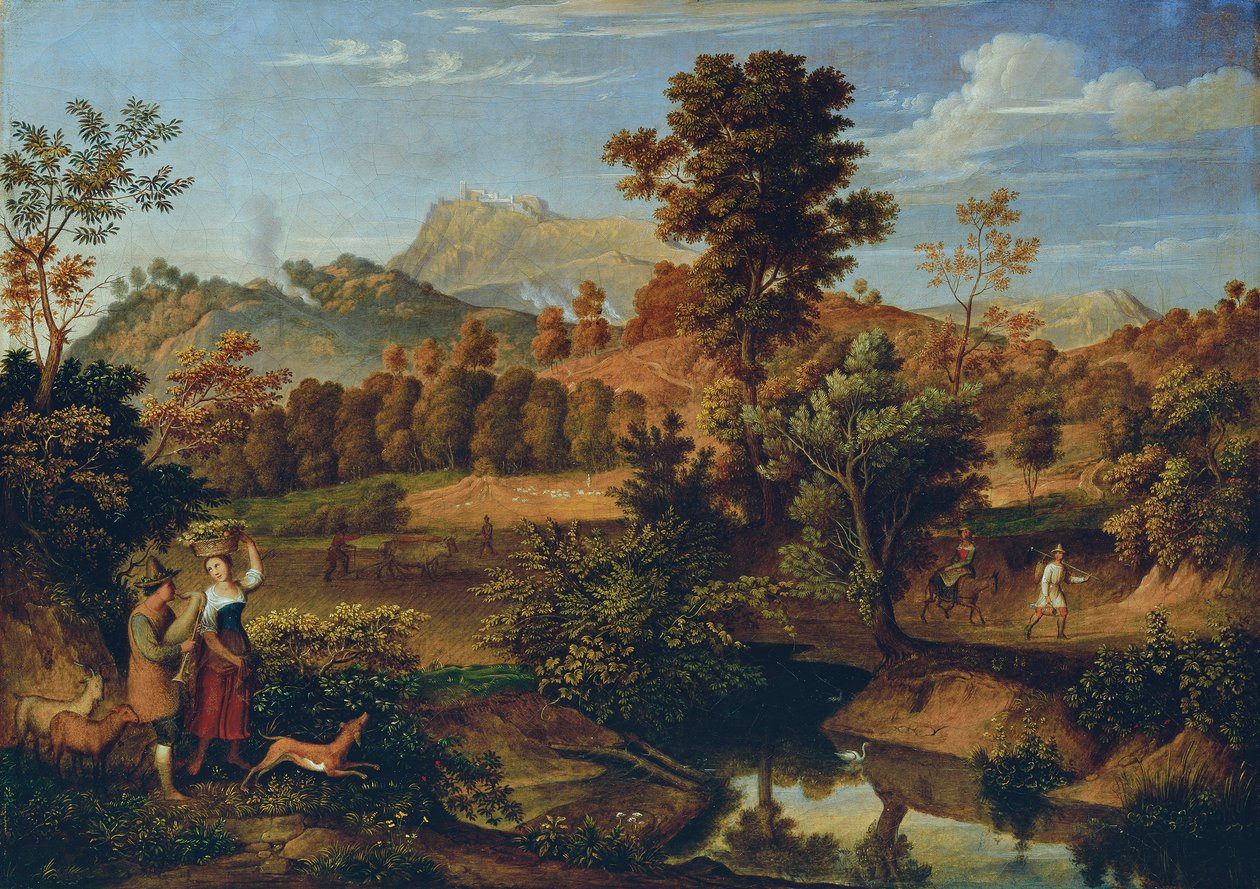 Paisaje italiano con un arado campesino (La Serpentara cerca de Olevano, Paisaje cerca de Paliano) de Josef Anton Koch