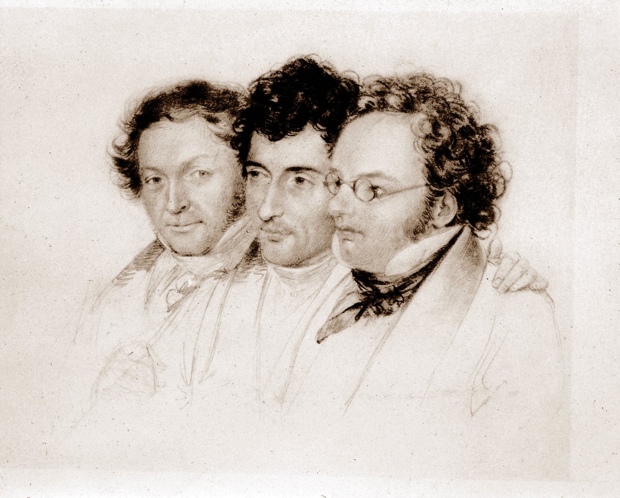 De izquierda a derecha: Jenger, Httenbrenner y F. Schubert. Acuarela de Feltscher de Josef Eduard Teltscher