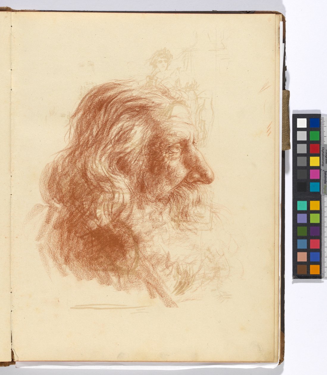 Hoja de un cuaderno de bocetos: estudio de un hombre con barba (reverso: estudios de una figura femenina con traje y de un álbum de pintura) de Josef Engelhart