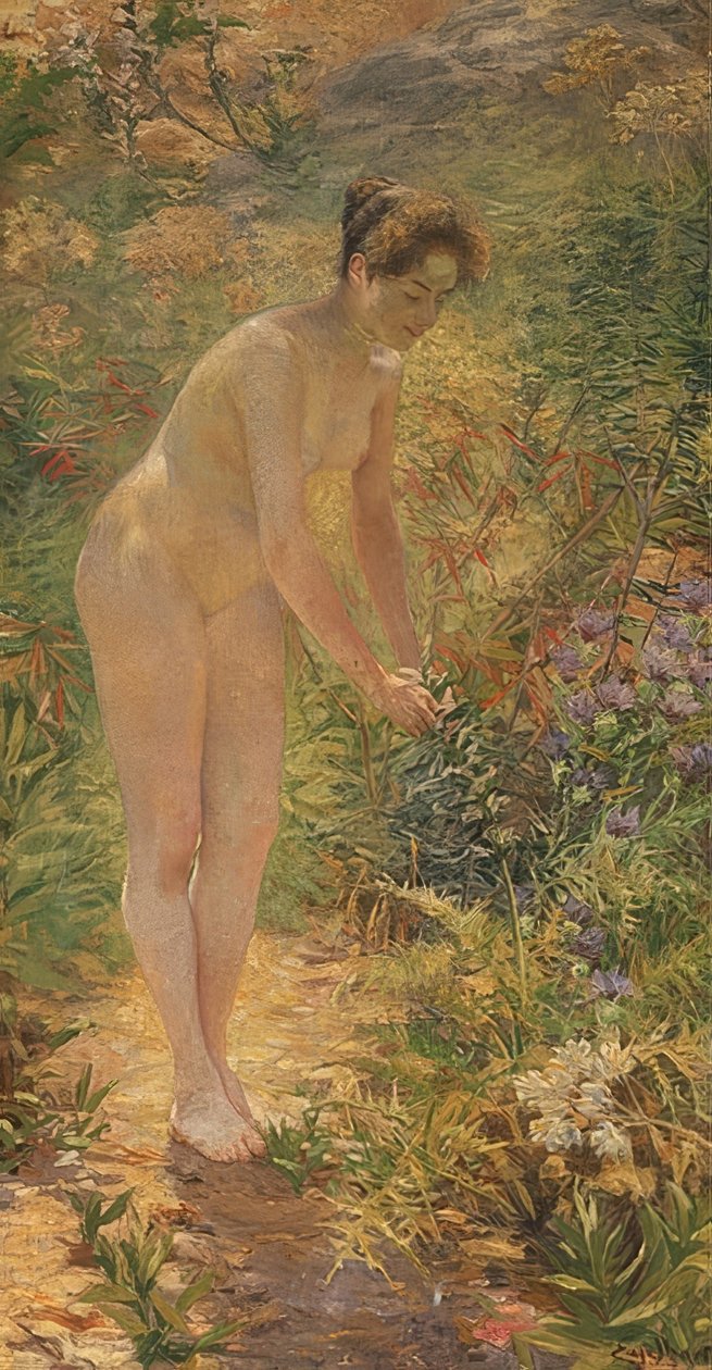 Desnudo femenino de pie en el jardín de Josef Engelhart