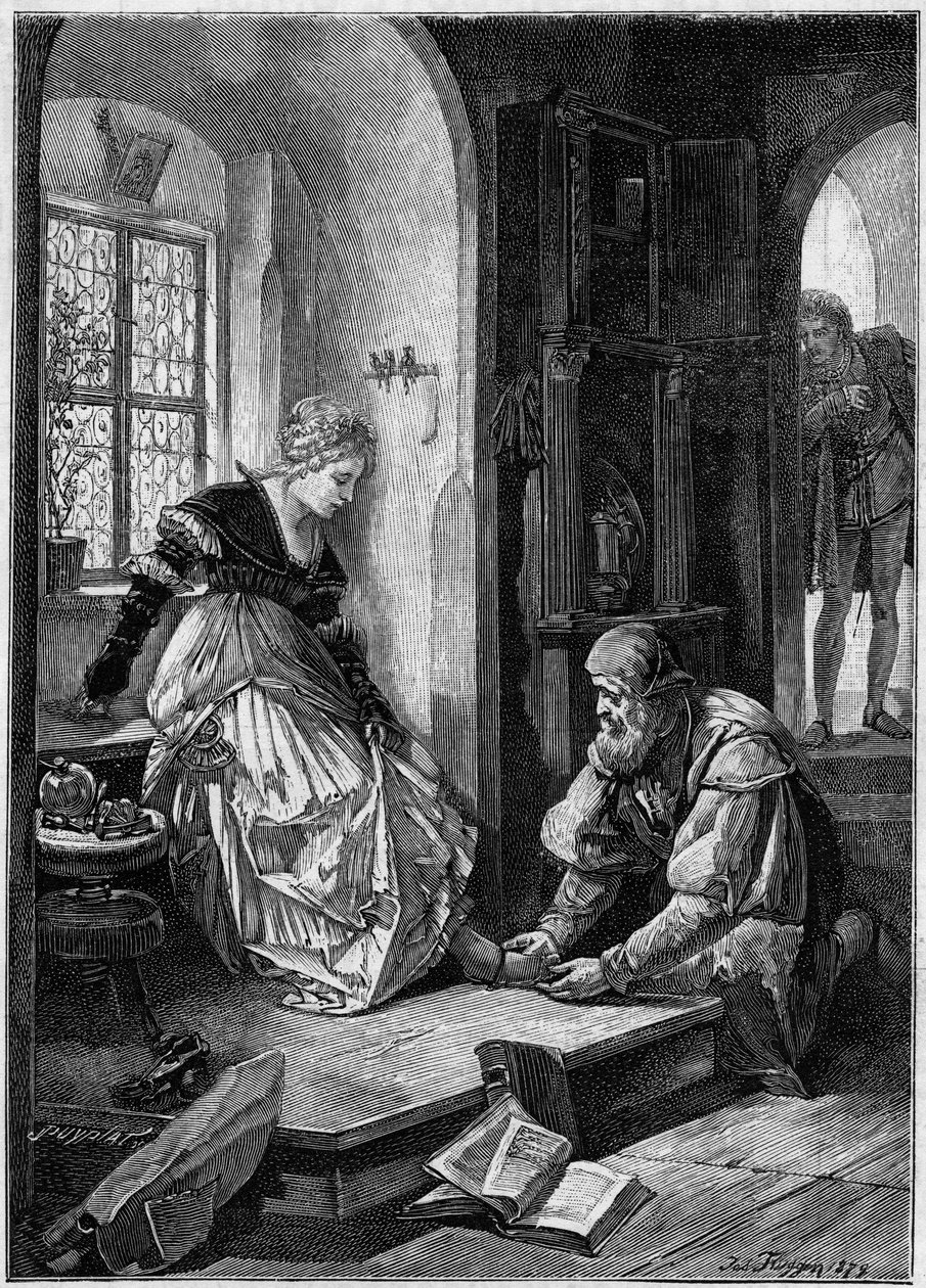 Eva en el taller de Hans Sachs (Acto III de la ópera “Los maestros cantores de Núremberg” de Richard Wagner, basada en la pintura de Joseph Flüggen. Grabado en “El Mundo Ilustre” de Josef Fluggen