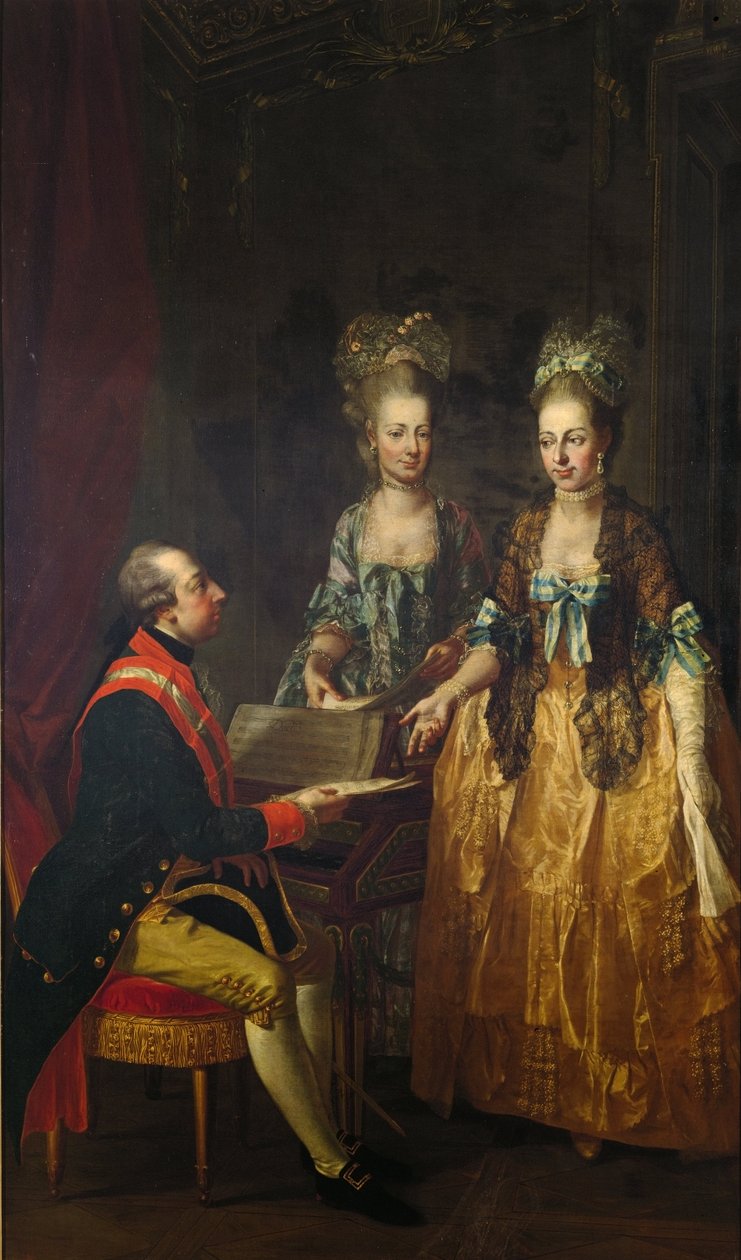 Retrato del emperador José II en el espineta con sus hermanas María Isabel y María Ana de Josef Hauzinger
