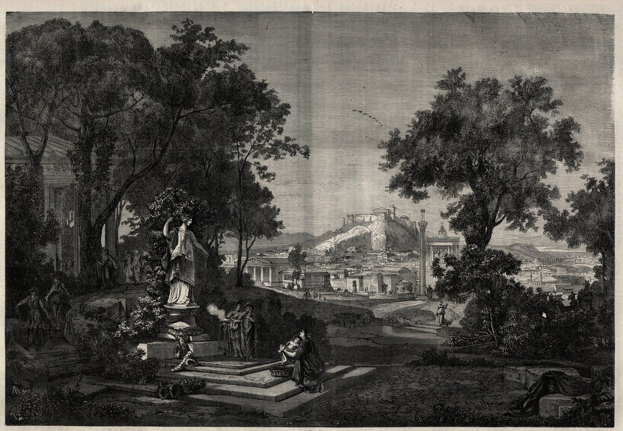Grecia antigua: vista de los jardines de Venus en Atenas. Grabado después de una pintura de Joseph Hoffmann en “The Illustrous Universe” de Josef Hoffman