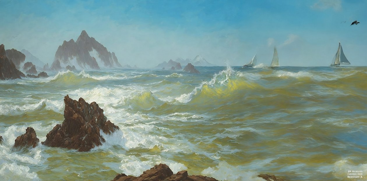 JJM recrea Bierstadt-A: Seal Rock California (con veleros) de Josef Johann Michel
