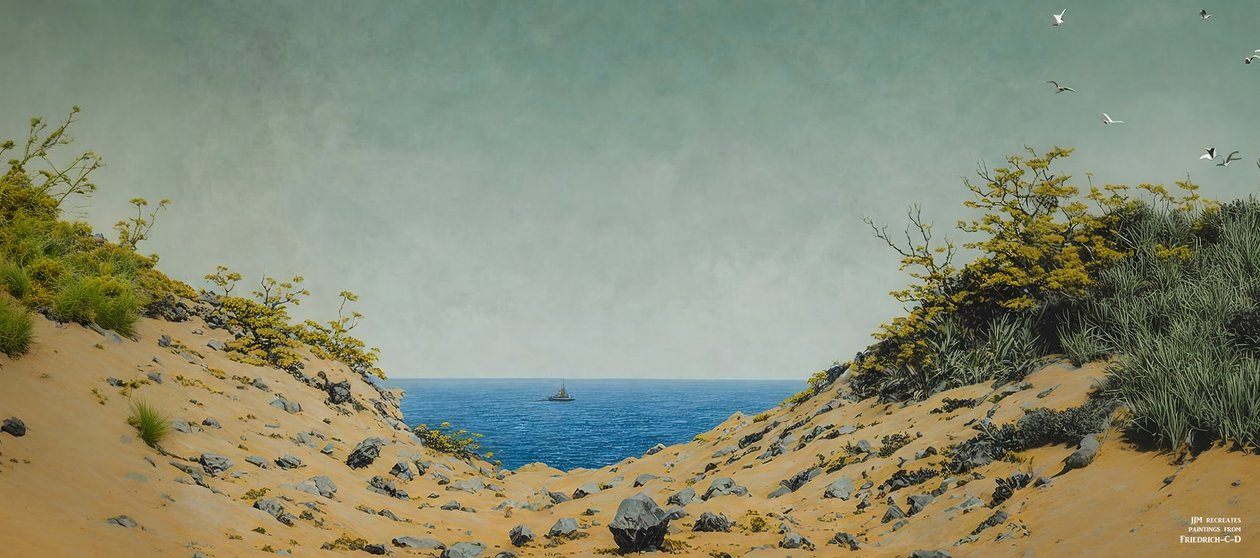 JJM recrea Friedrich-C-D: Vista a través de una depresión fluvial (panorámica) de Josef Johann Michel
