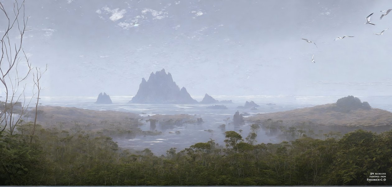 JJM recrea Friedrich-C-D: Arrecife rocoso a orillas del mar (panorama) de Josef Johann Michel