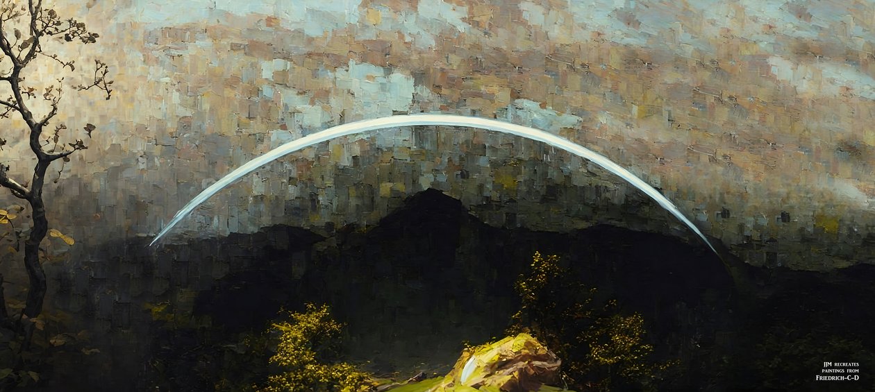 JJM recrea Friedrich-C-D: Paisaje montañoso con arco iris (Panorama) de Josef Johann Michel