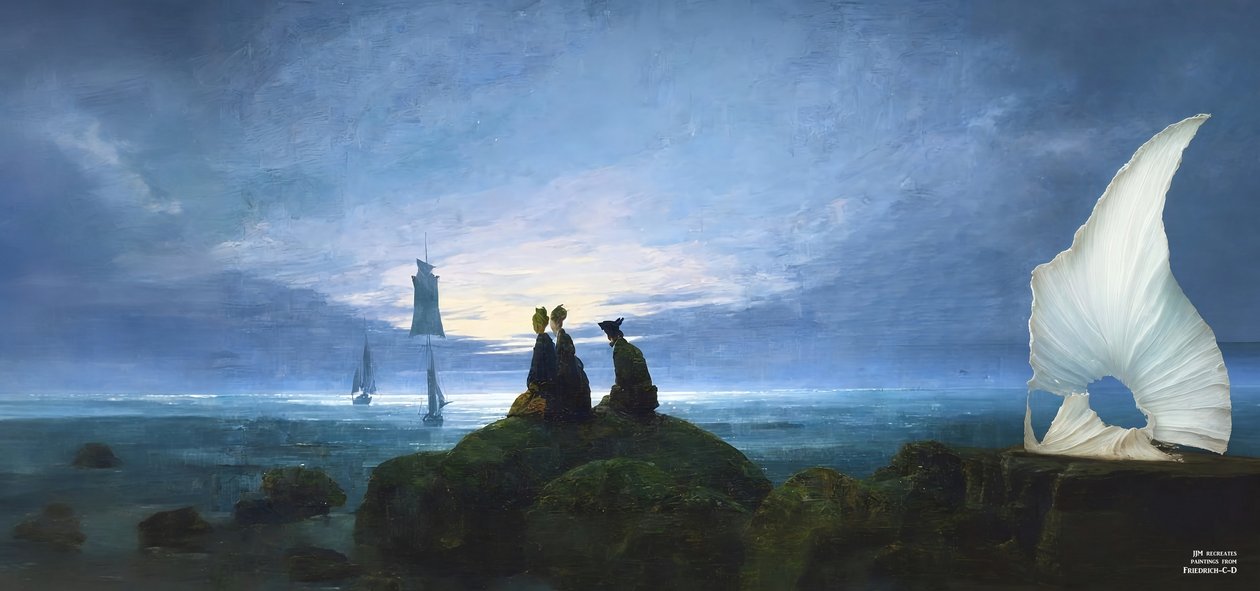 JJM recrea Friedrich-C-D: Salida de la luna sobre el mar (observador silencioso) de Josef Johann Michel