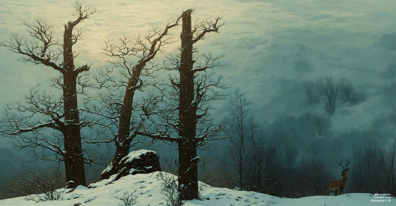 JJM recrea Friedrich-C-D: Cairn en la nieve (Panorama) de Josef Johann Michel