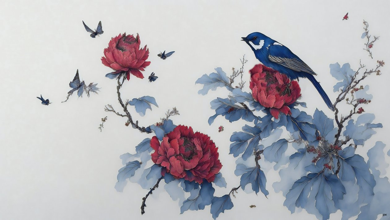 pintura a tinta: PEONY en azul_01 de Josef Johann Michel