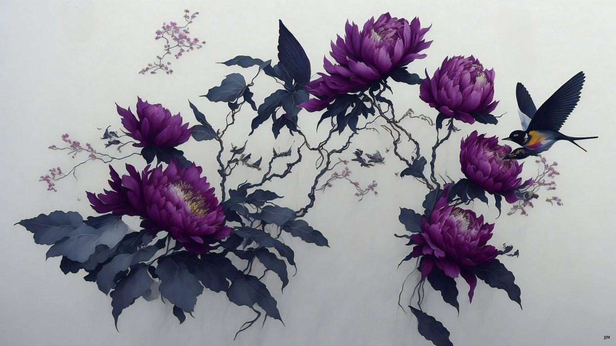pintura a tinta: PEONY en morado oscuro_02 de Josef Johann Michel