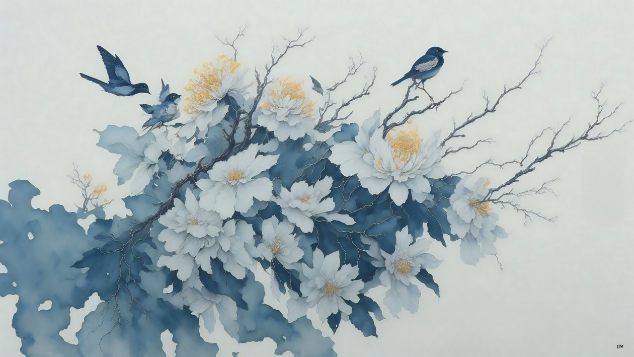 pintura a tinta: flor de crisantemo en azul_02 de Josef Johann Michel