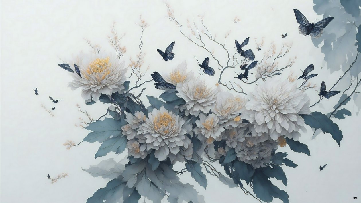 pintura a tinta: flor de crisantemo en blanco_01 de Josef Johann Michel