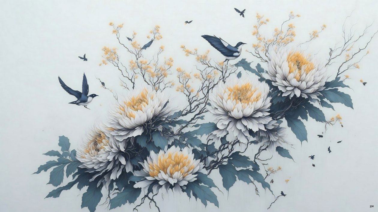 pintura a tinta: flor de crisantemo en blanco_02 de Josef Johann Michel