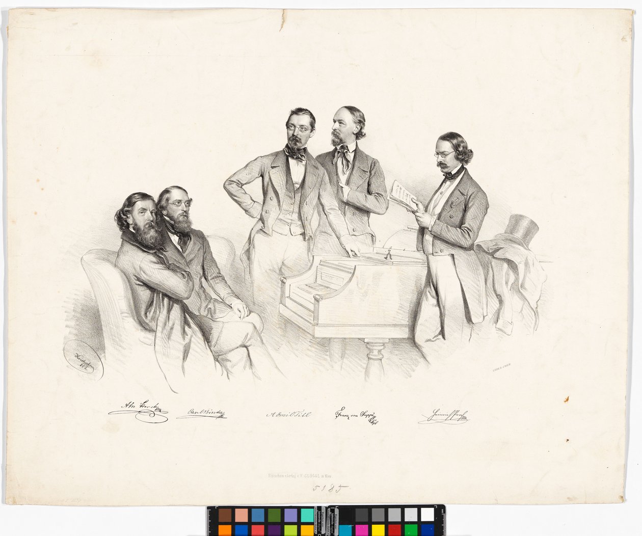 Retrato de grupo: Anton Storch, Carl Binder, Anton Emil Titl, Franz von Suppé, Heinrich Proch de Josef Kriehuber
