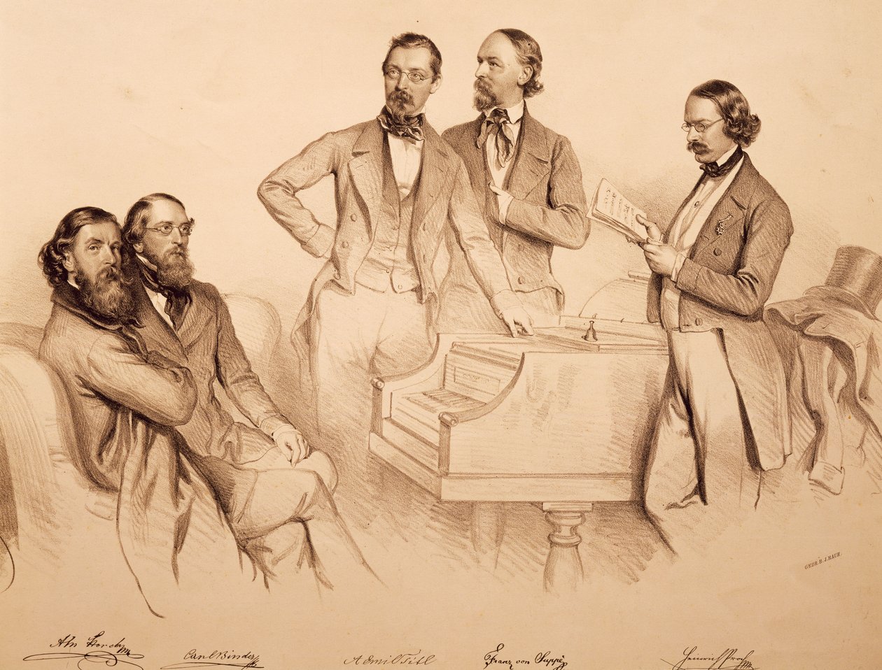 Retrato de grupo de músicos vieneses y compositor: Franz von Suppé, Carl Binder, Anton Storch, Heinrich Proch y Anton Emil Titl de Josef Nikolaus Kriehuber