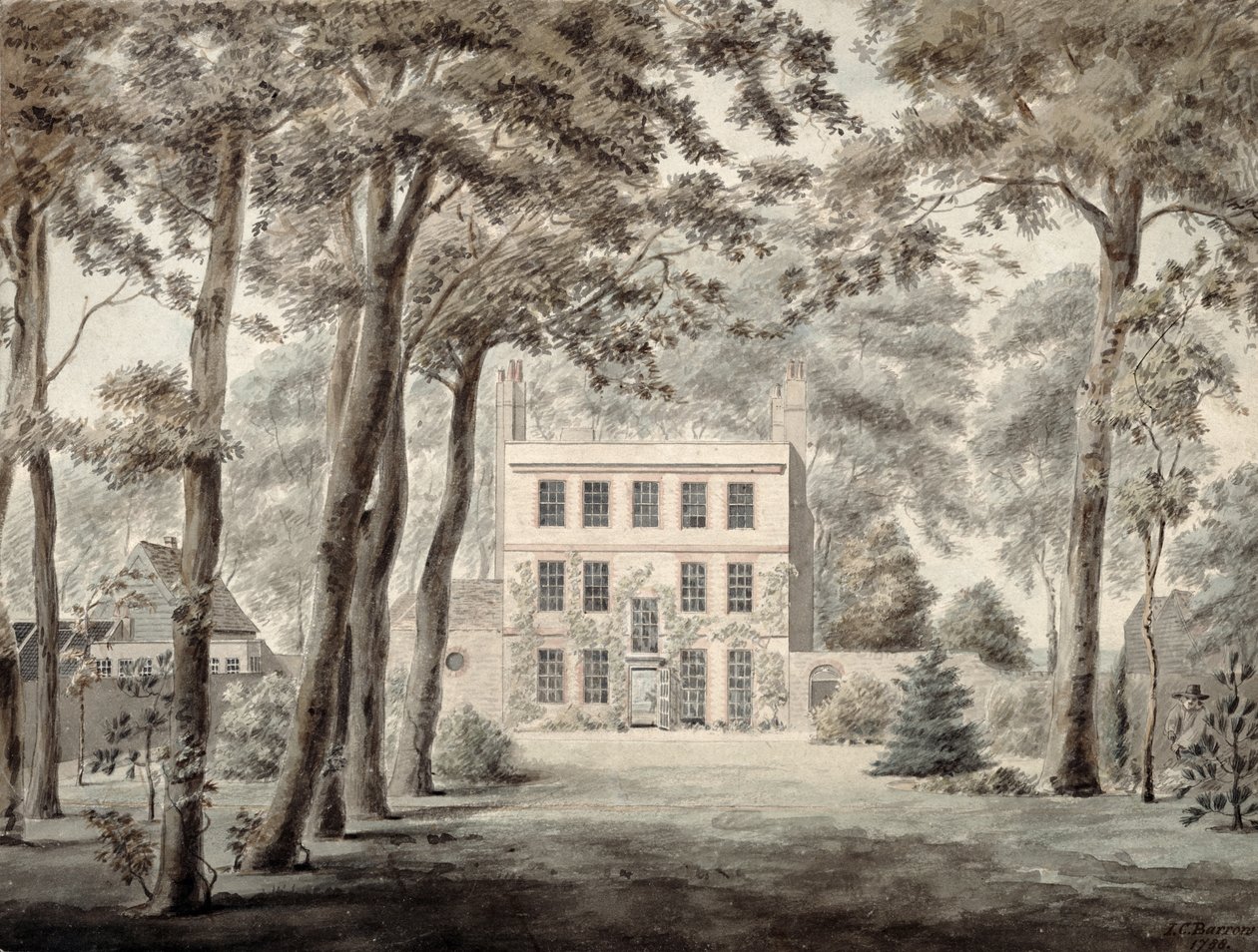 Un jardinero trabajando en los terrenos de una elegante casa de campo, 1788 de Joseph Charles Barrow