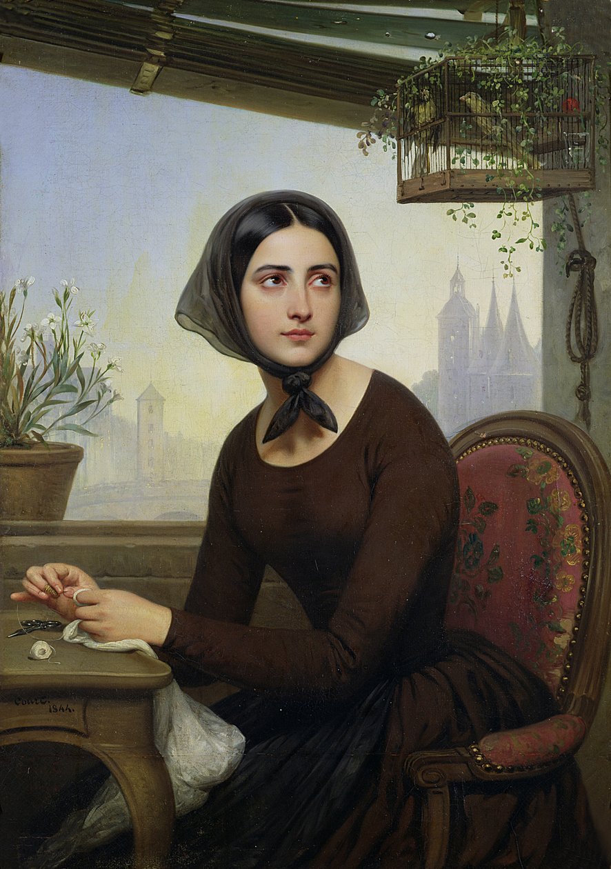 Rigolette tratando de distraerse durante la ausencia de Germain, 1844 de Joseph Desire Court