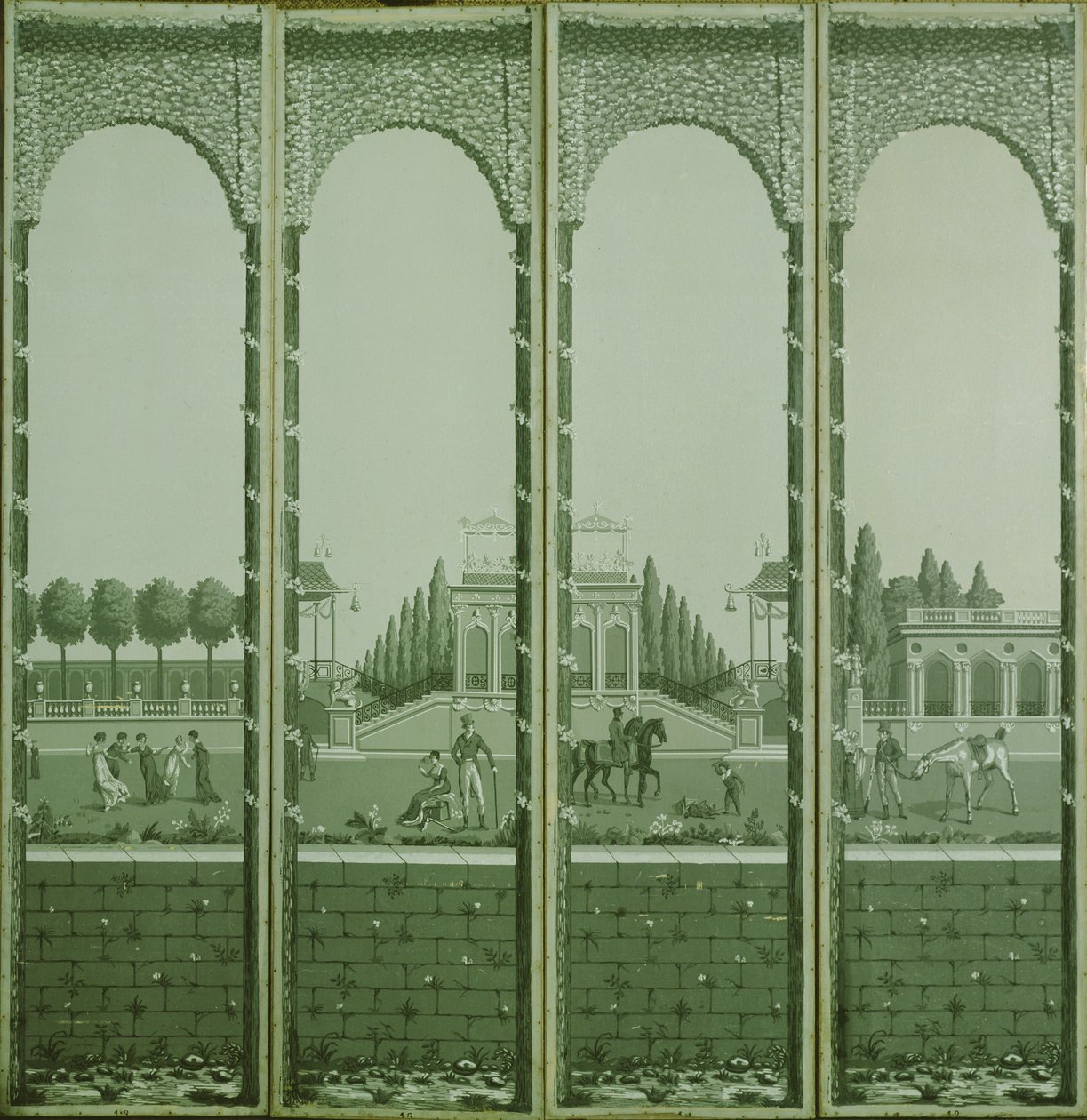 Biombo de cuatro paneles impreso en bloque que representa figuras en un jardín ornamental de Joseph Dufour