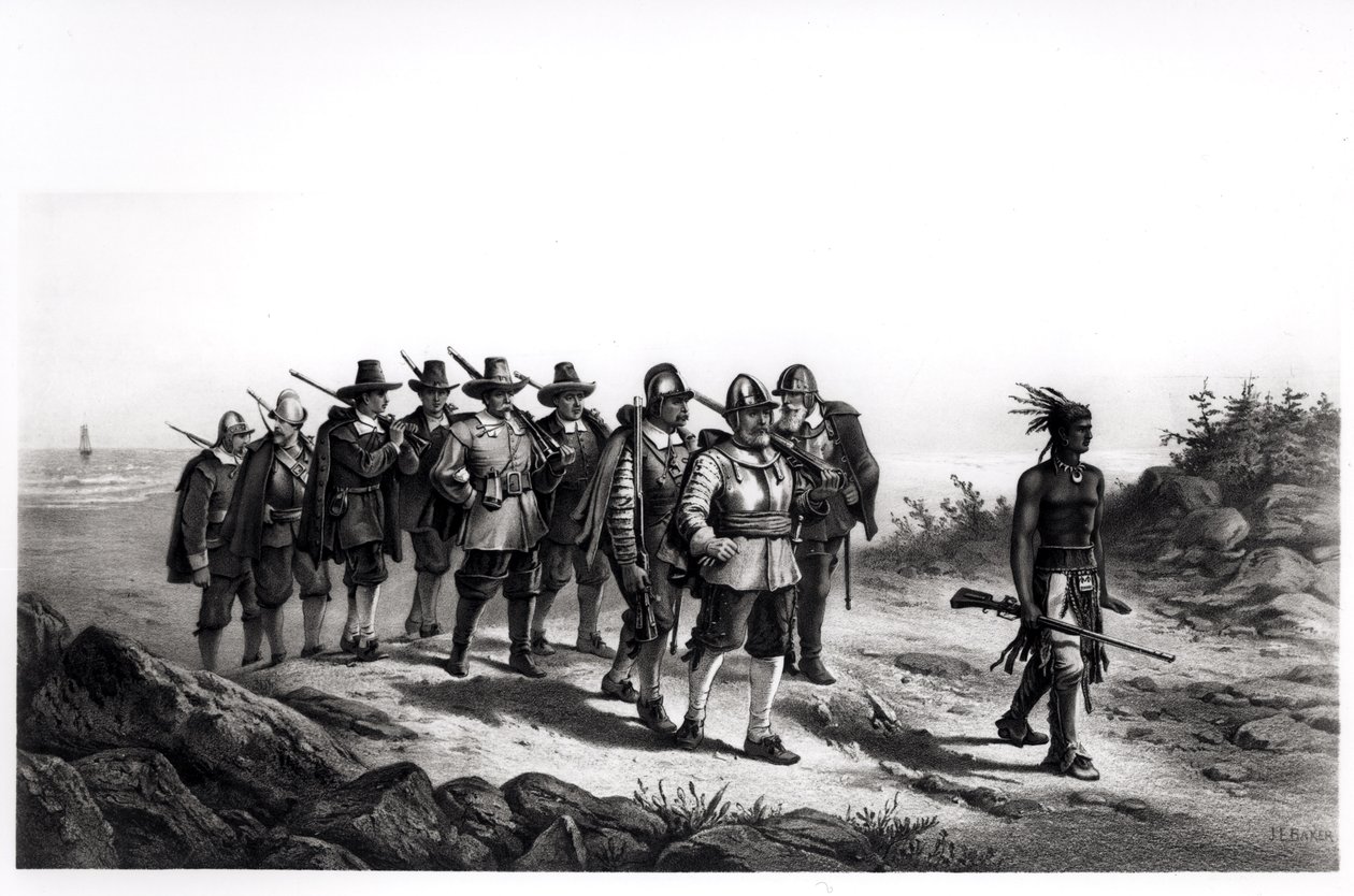 La marcha de Miles Standish, grabado por Armstrong y Co., 1873 de Joseph Baker