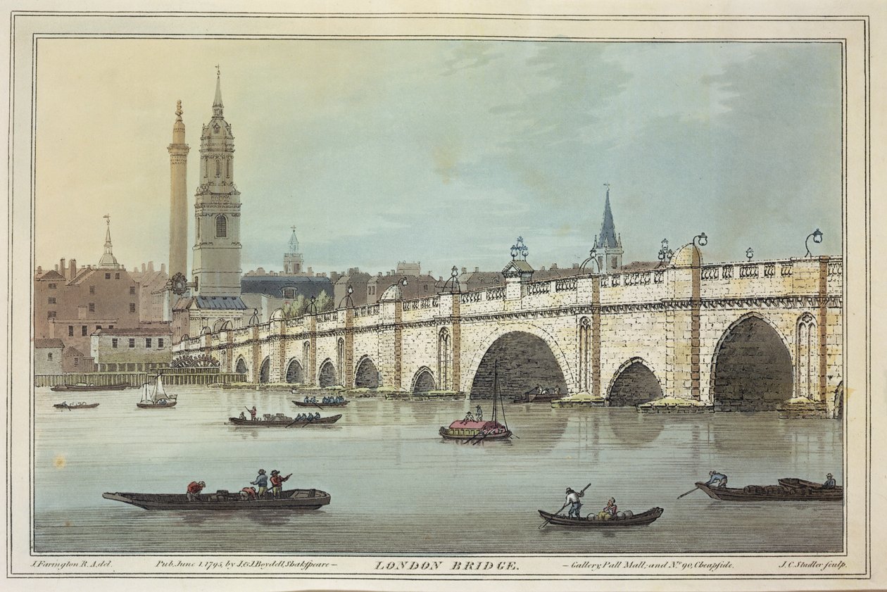 Vista del Puente Viejo de Londres, grabado por J.C. Stadler de Joseph Farington
