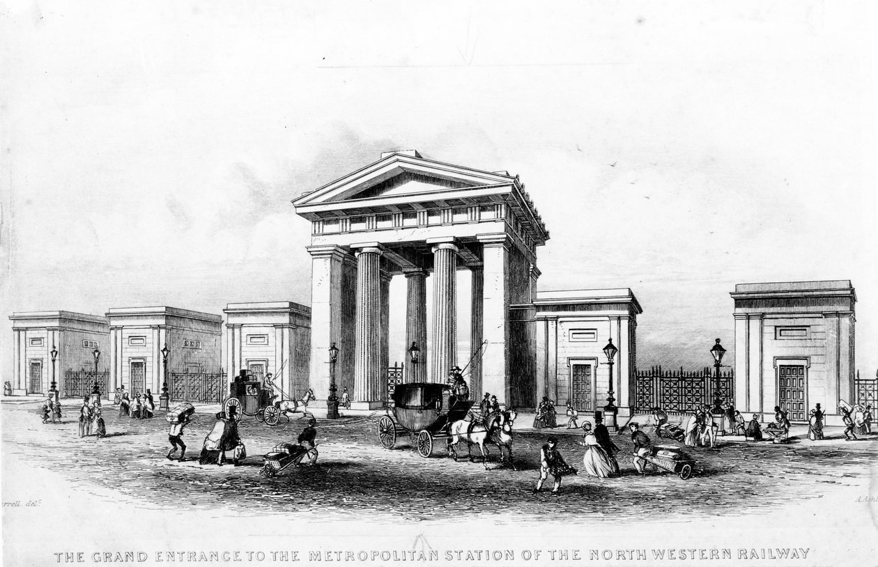 La gran entrada de la estación metropolitana del ferrocarril del noroeste, grabado por Alfred Ashley, c.1837 de Joseph Francis Burrel