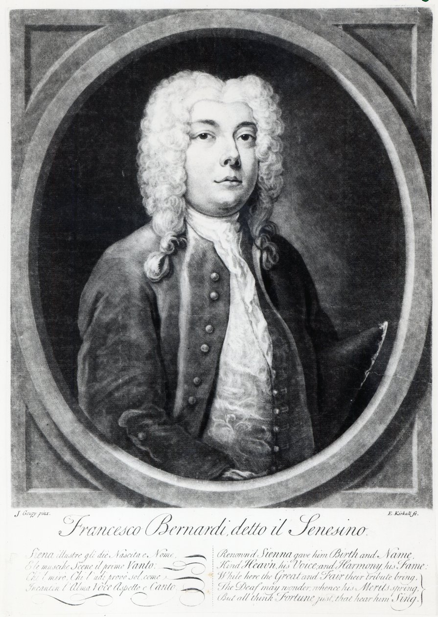 Francesco Bernardi Senesino, grabado por Elisha Kirkall de Joseph Goupy