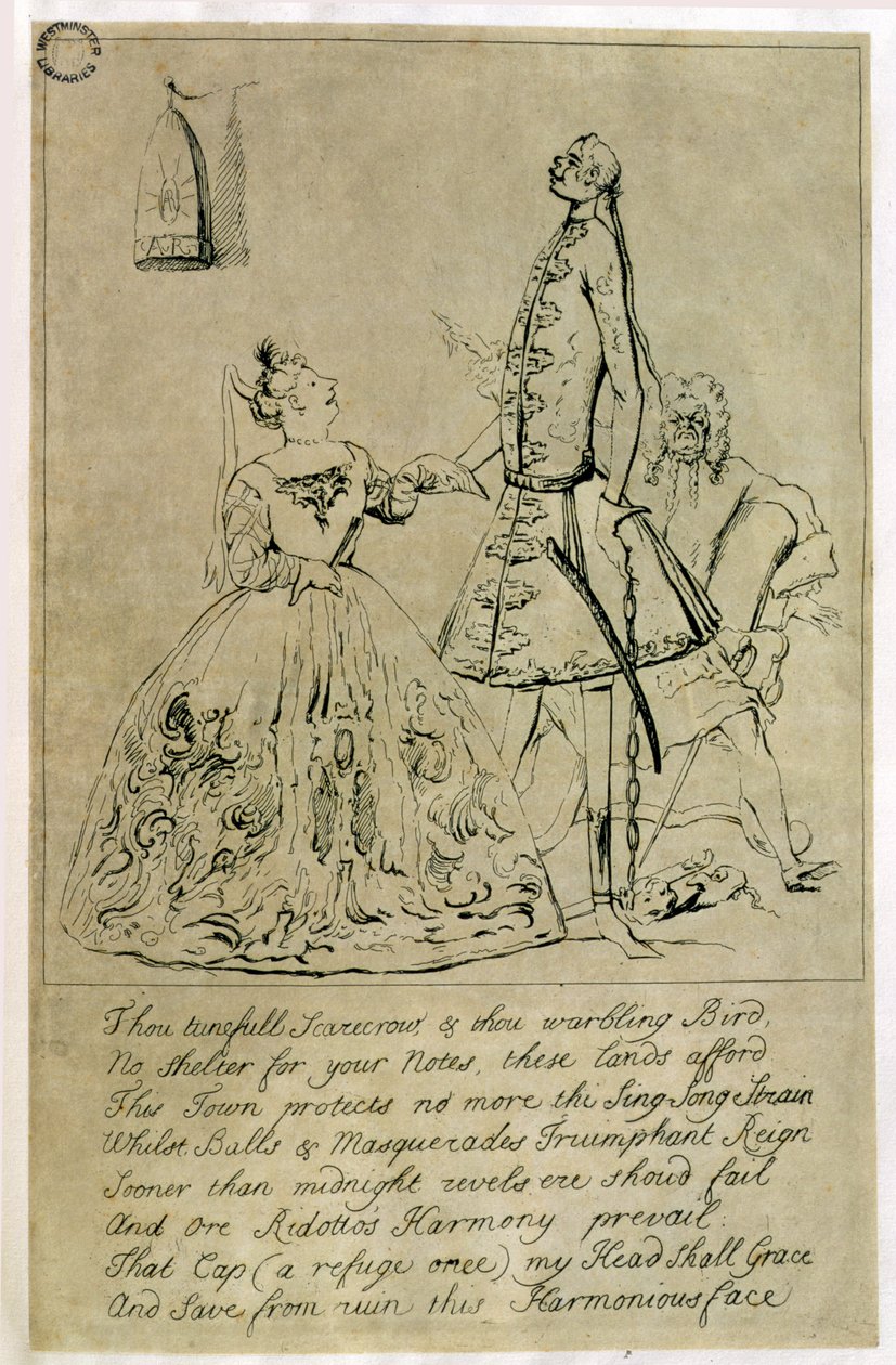 Tú espantapájaros melodioso y tú pájaro cantor, caricatura de Farinelli, Cuzzoni y Heidegger, se dice que fue grabado a partir de un diseño de la condesa de Burlington, 1730s de Joseph Goupy