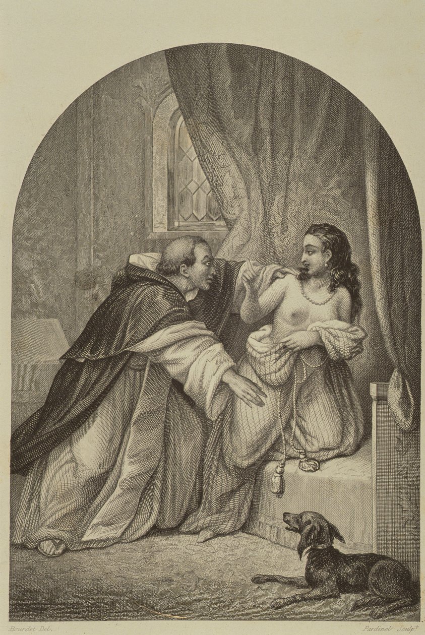 Un monje seduciendo a una mujer en el siglo XIV de Joseph Guillaume Bourdet