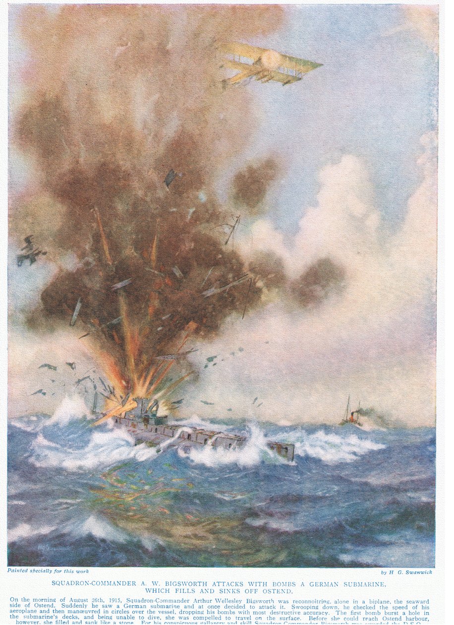 El comandante de escuadrón A.W. Bigsworth ataca con bombas un submarino alemán, que se llena de agua y se hunde frente a Ostende, ilustración de 
