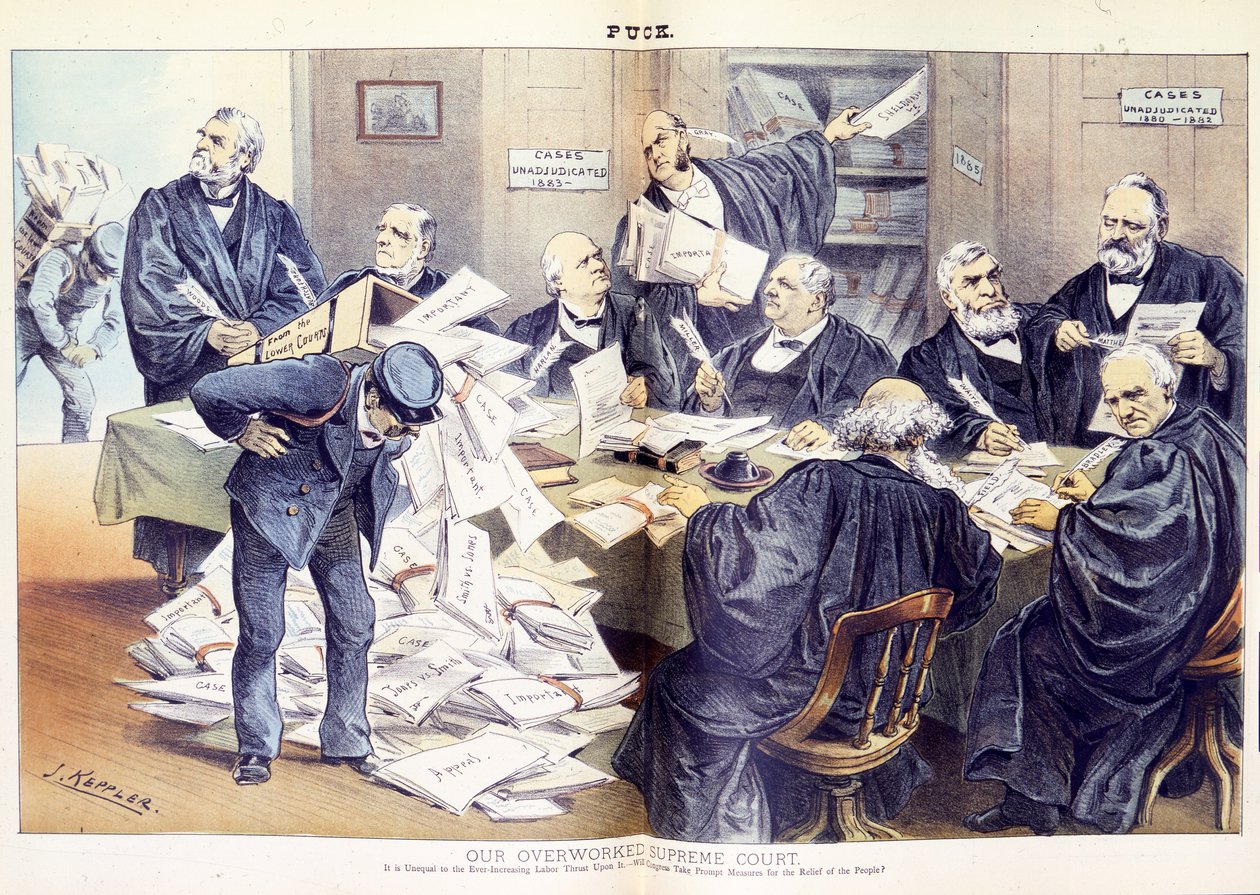 Nuestra Corte Suprema sobrecargada: No es capaz de soportar el trabajo cada vez mayor que se le impone - ¿Tomará el Congreso medidas rápidas para el alivio del pueblo?, 1885 de Joseph Keppler