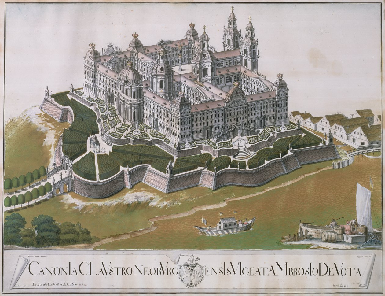 Vista del monasterio agustino de Klosterneuburg, mostrando planes de renovación diseñados por el arquitecto Felice D