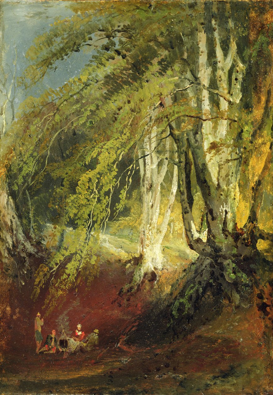 Un bosque de hayas con gitanos sentados alrededor de una fogata, c.1799-1801 de Joseph Mallord William Turner