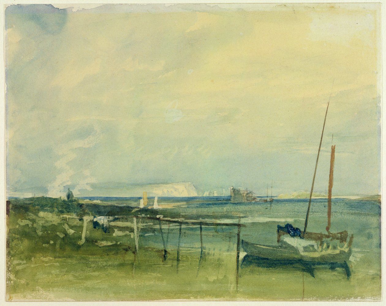 Escena costera con acantilados blancos y barcos en la orilla de Joseph Mallord William Turner