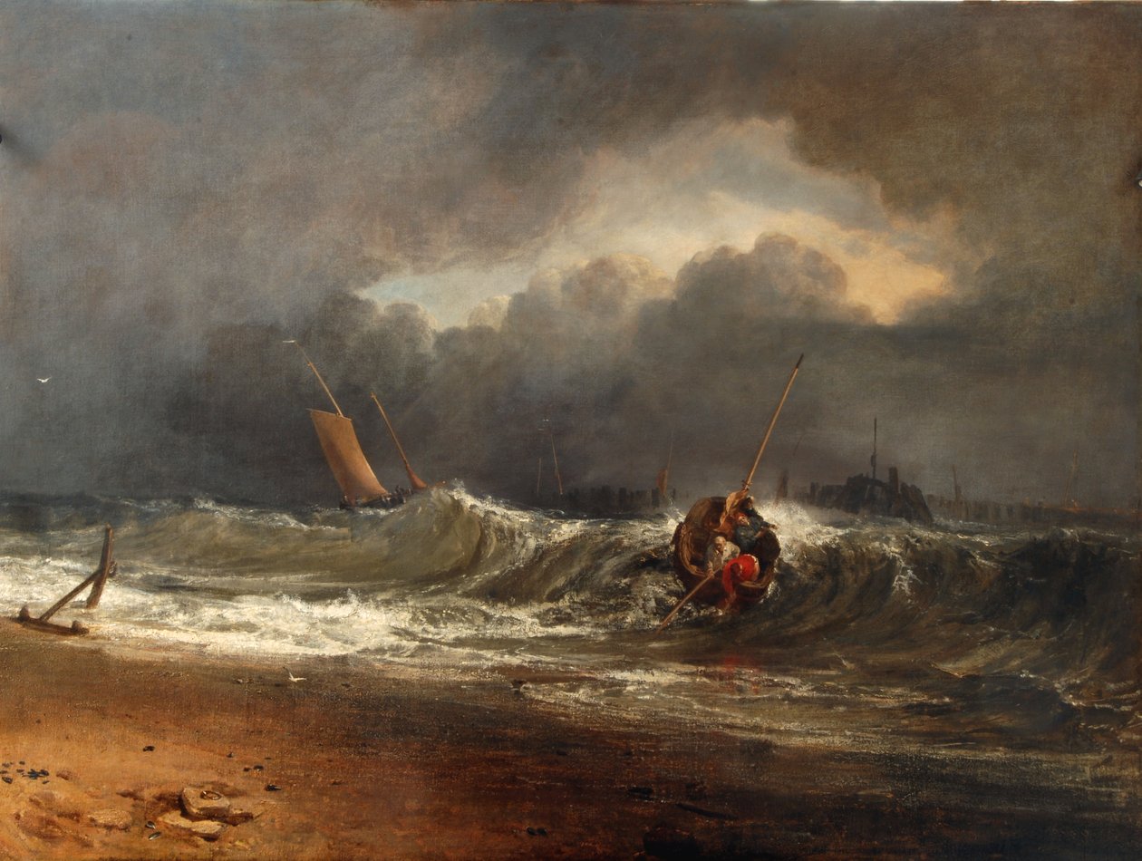 Pescadores en una costa a sotavento en clima tormentoso de Joseph Mallord William Turner