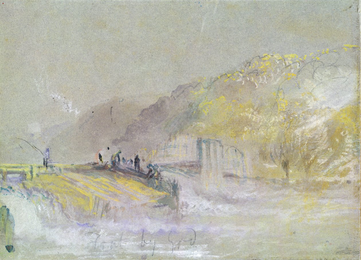 Foul by God: Paisaje fluvial con pescadores pescando desde una presa, c.1830 de Joseph Mallord William Turner