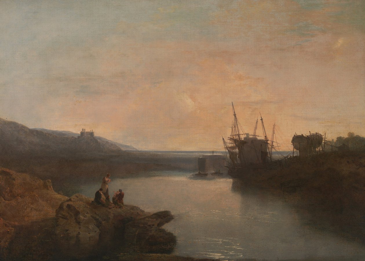 Castillo de Harlech, desde Twgwyn Ferry, crepúsculo de verano de Joseph Mallord William Turner