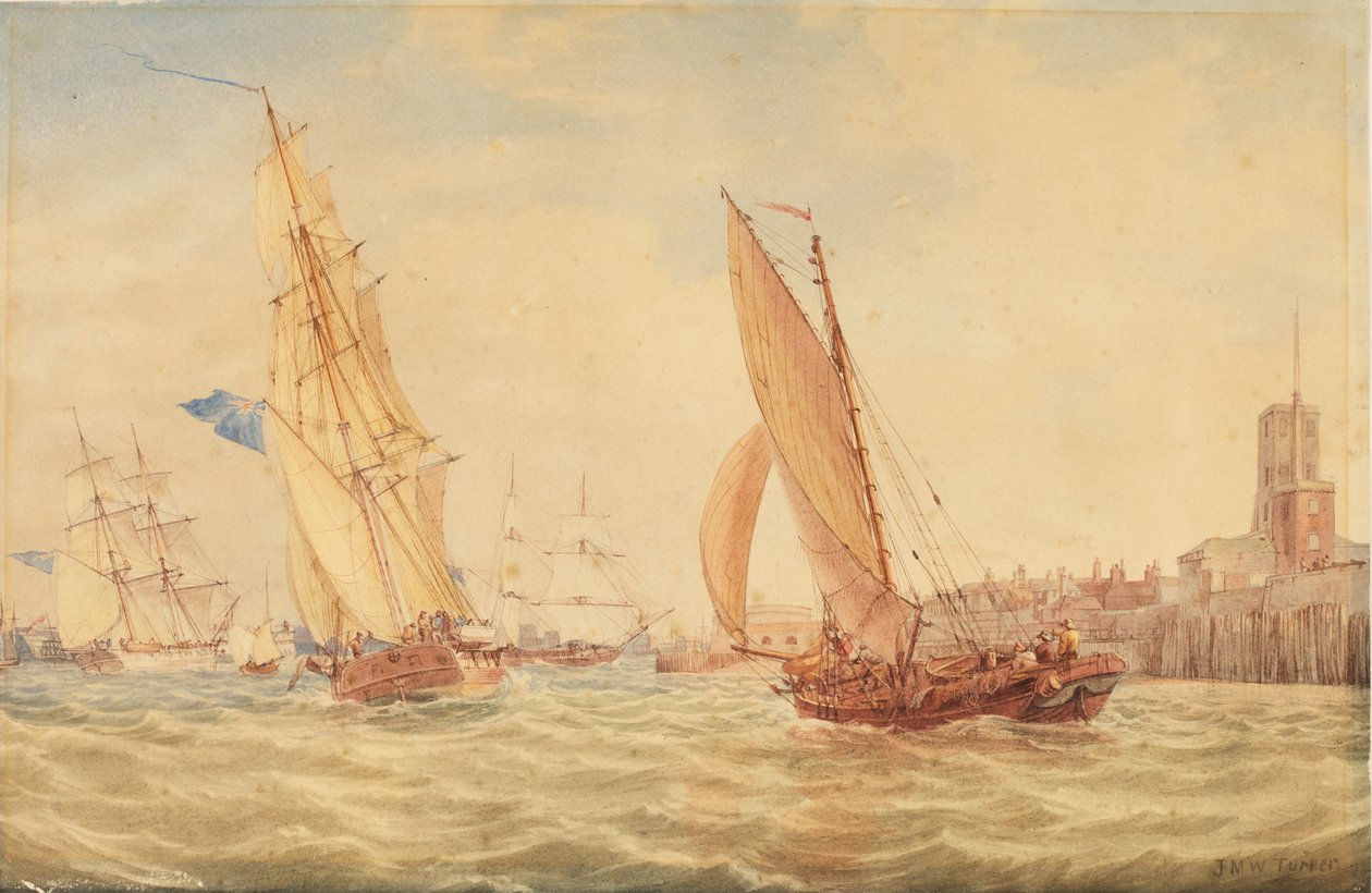Tres balandras de guerra y un barco pesquero entrando en el puerto, Portsmouth, c.1800-30 de Joseph Mallord William Turner