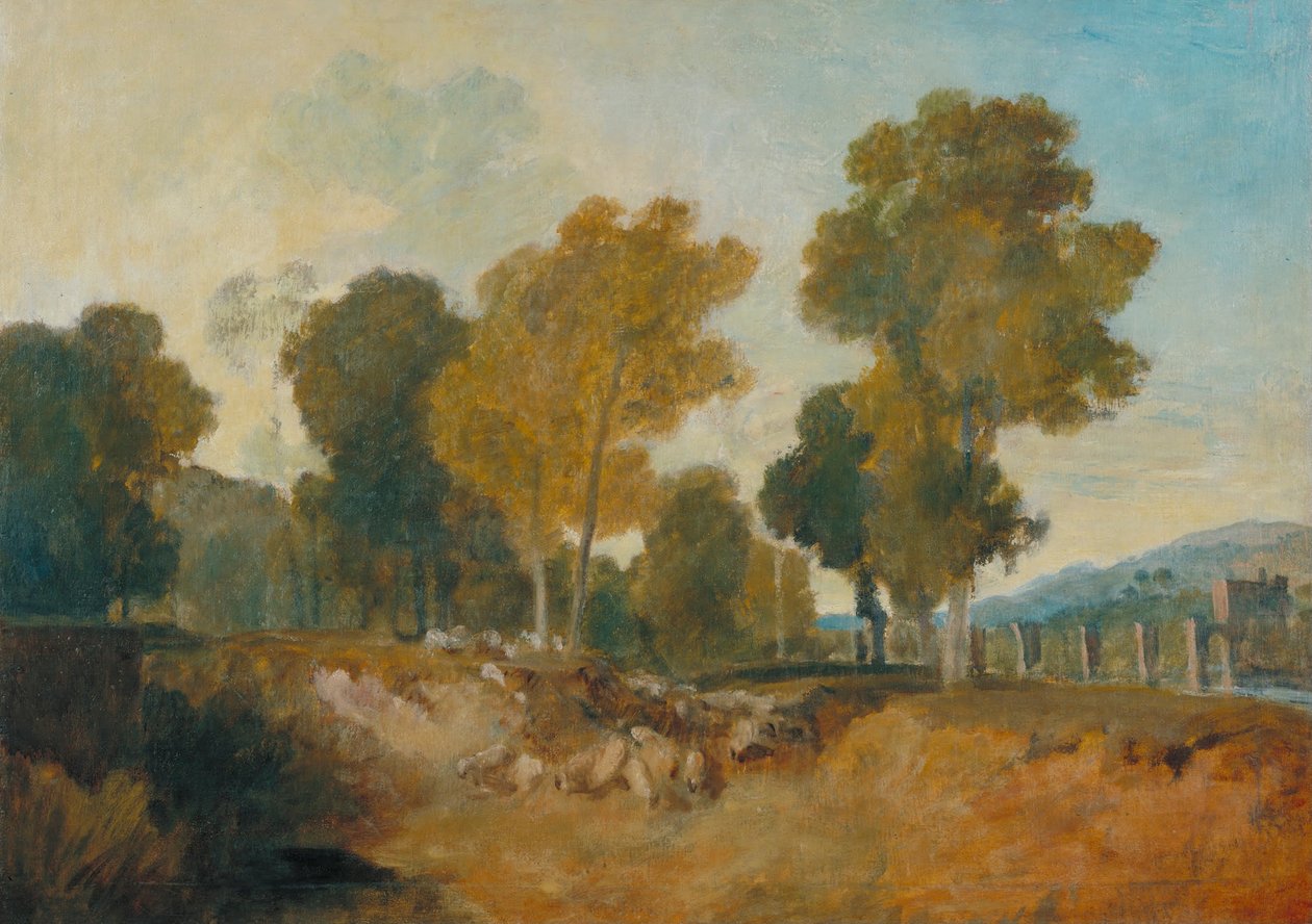 Árboles junto al río, con puente en la distancia media de Joseph Mallord William Turner